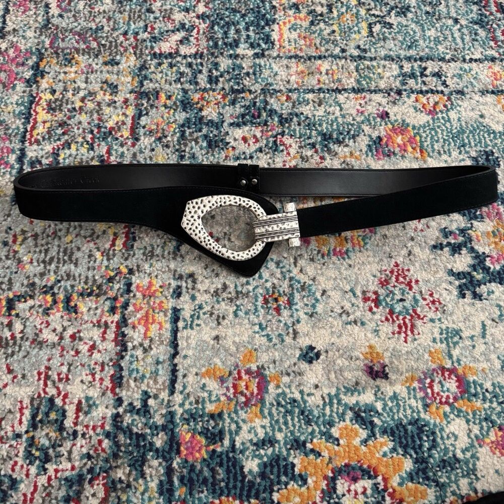 Coldwater Creek Black Leather Belt Silver Circle Detail Size L/XL Artsy Boho